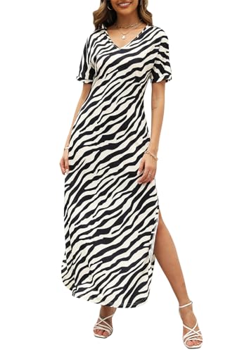 Vanya Maxi Dress in Zebra - Womens Summer V Neck Maxi Dress Casual Loose Split Dresses with Pockets MY128 Zebra