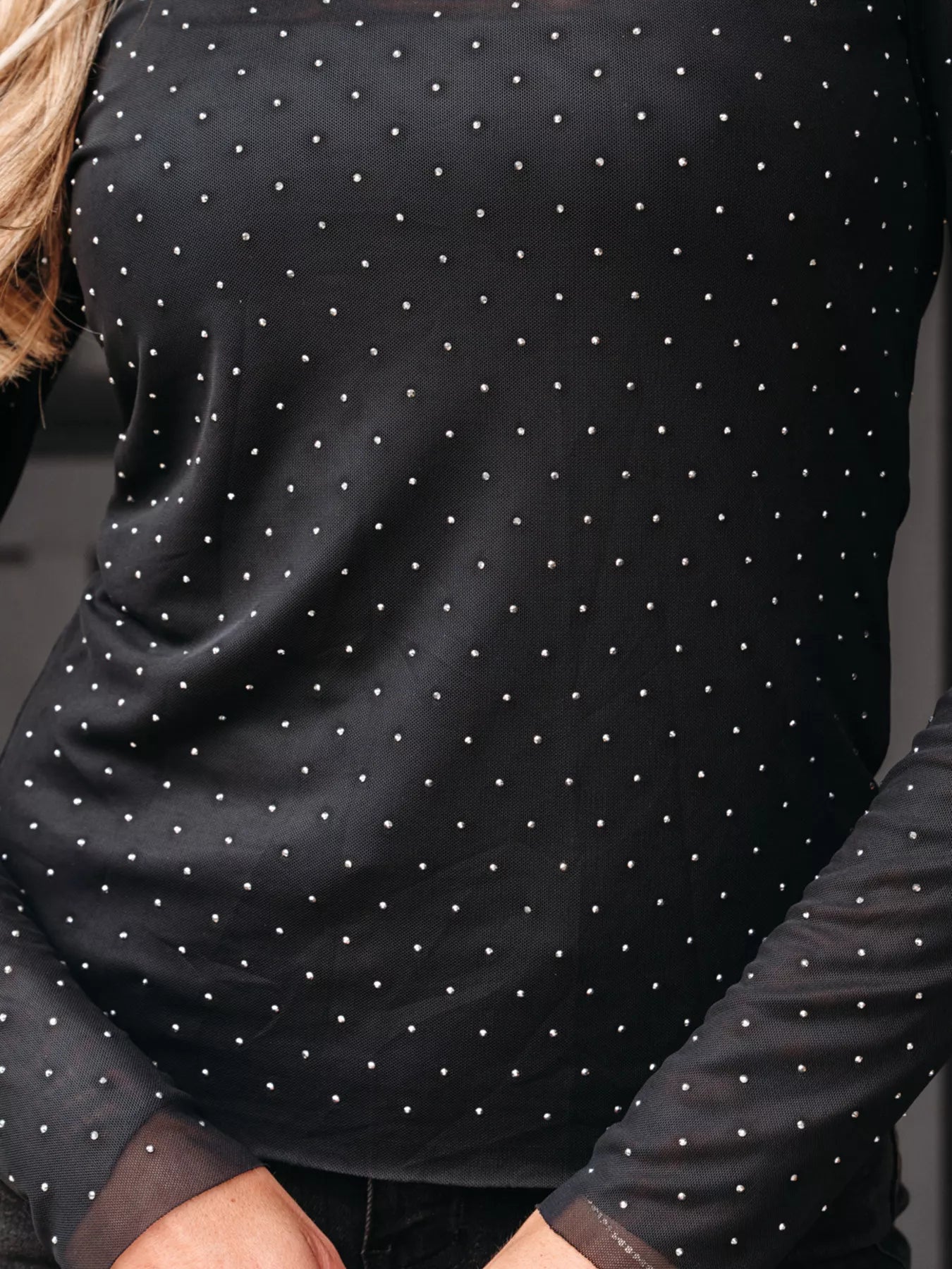 Rhinestone Embellished Mesh Long Sleeve Top