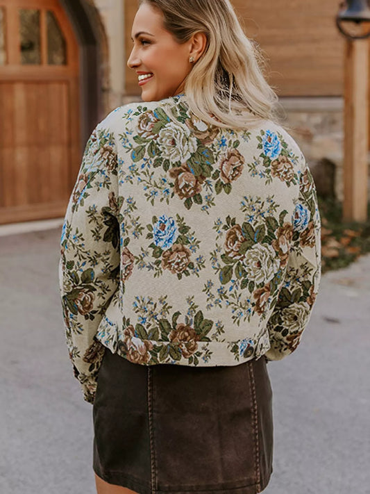 Floral Print Zip Up Contrast Collared Jacket