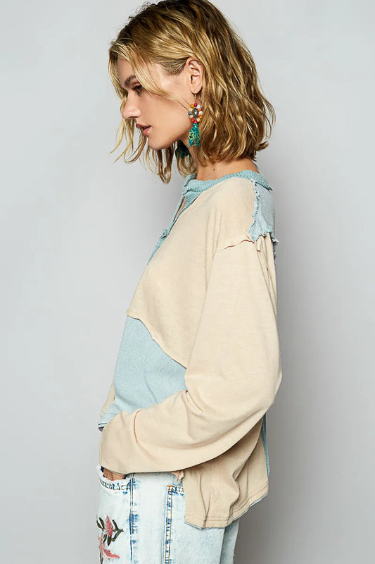 POL Color Block Notched Long Sleeve T-Shirt