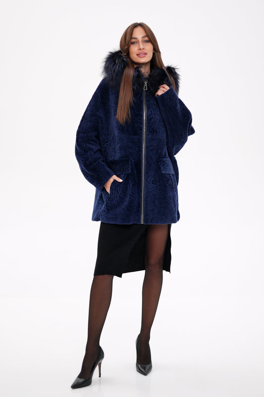 Genuine Shearling Silver Fox Trim Jacket Midnight Blue