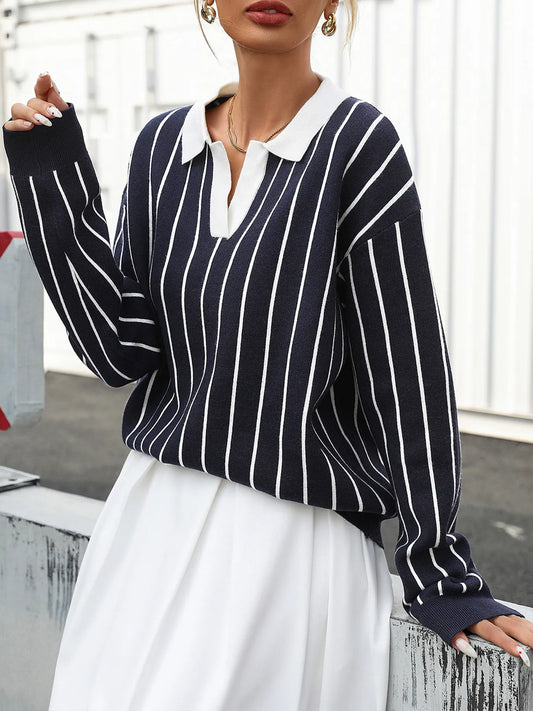 Stripe Contrast Collar Long Sleeve Knit Top