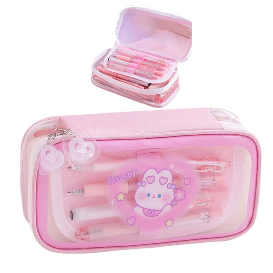 Cute Kawaii Pencil Case - Large Capacity Multilayer Rabbit Design Pen Pouch Gift Pink