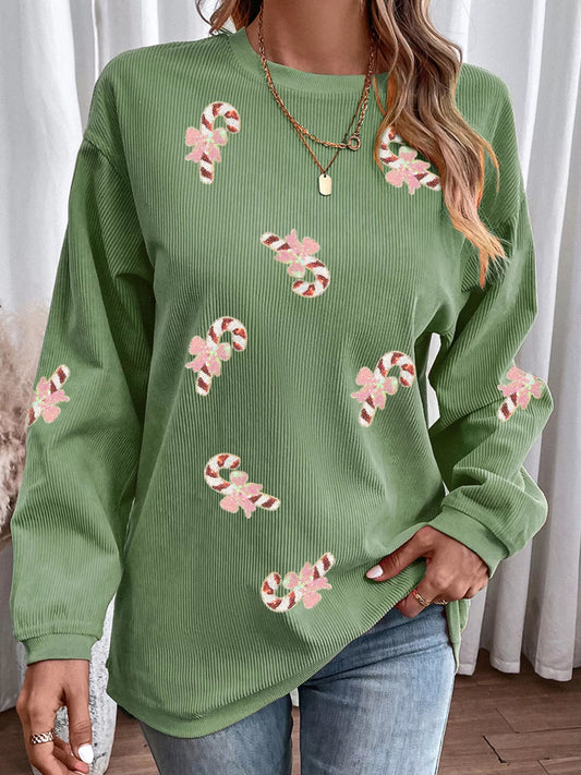 Christmas Sequin Candy Cane Patched Corded Ribbed Baggy Sweatshirt Matcha Green
