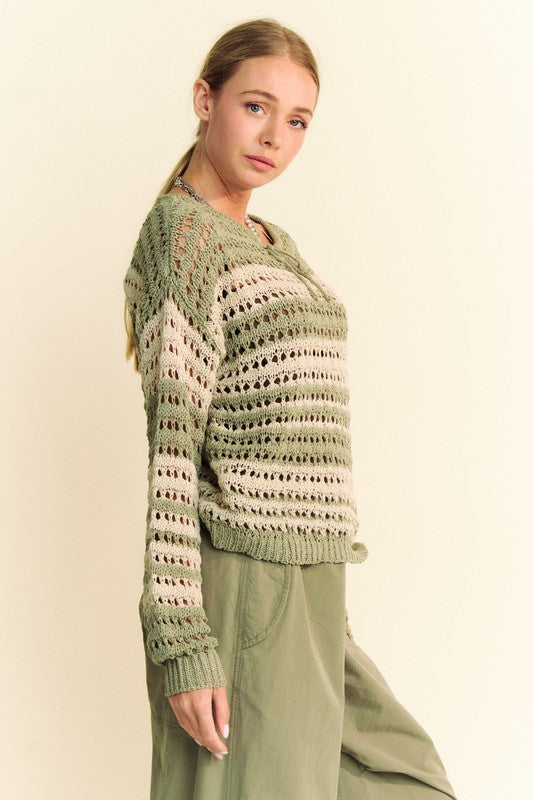 Back To School Sweater - Davi & Dani Contrast Striped Crochet Drop Shoulder Knit Cover Up