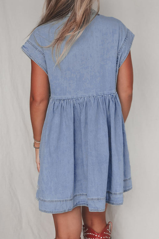 Lapel Neck Cap Sleeve Denim Babydoll Dress