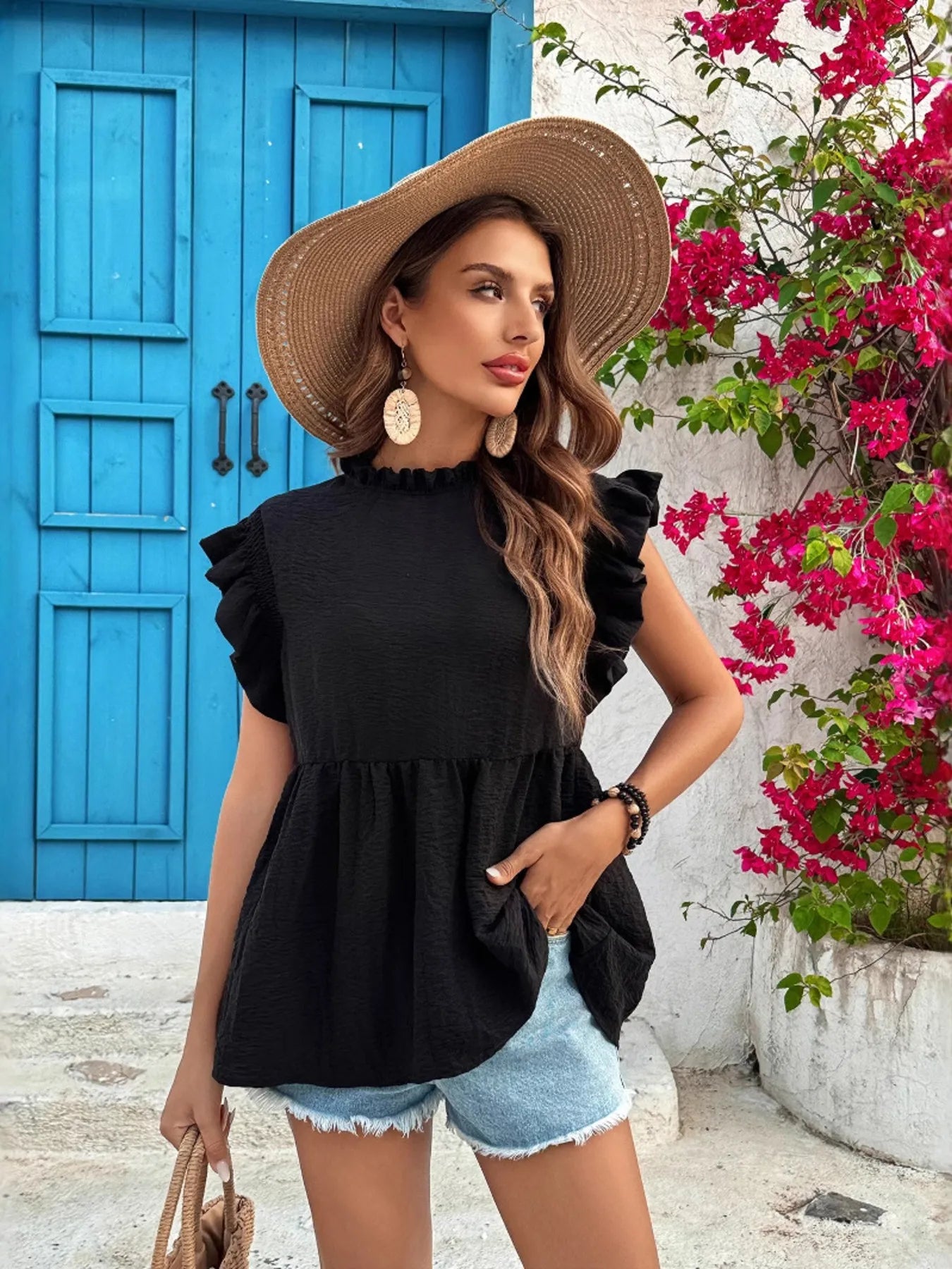 Ruffled Cap Sleeve Blouse
