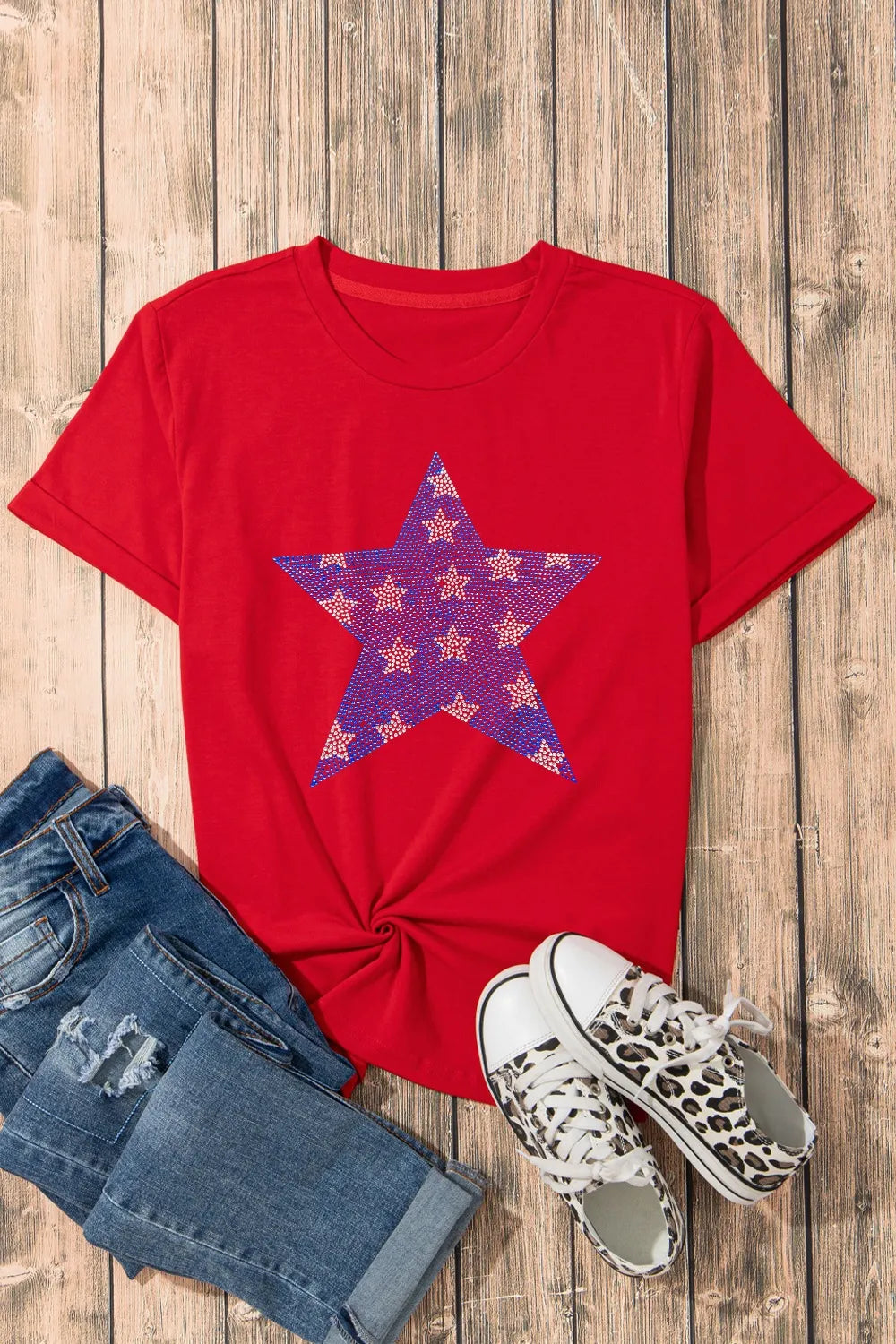 Patriotic Star Round Neck T-Shirt