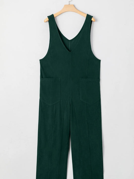 Corduroy V Neck Patched Pocket Sleeveless Jumpsuit