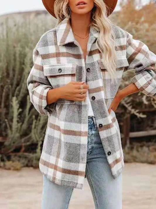 Plaid Button-Down Long Sleeve Jacket
