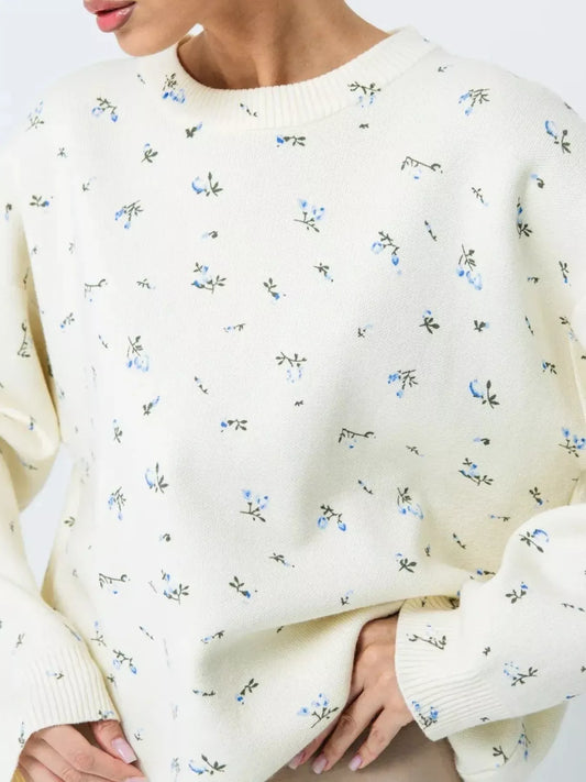 Ribbed Hem Floral Long Sleeve Sweater