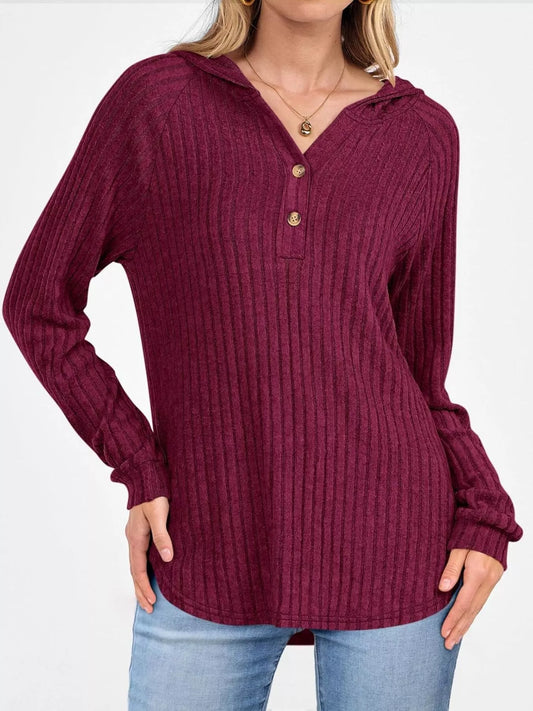 Full Size Ribbed Knit Button Detail Hooded Top Plus Size