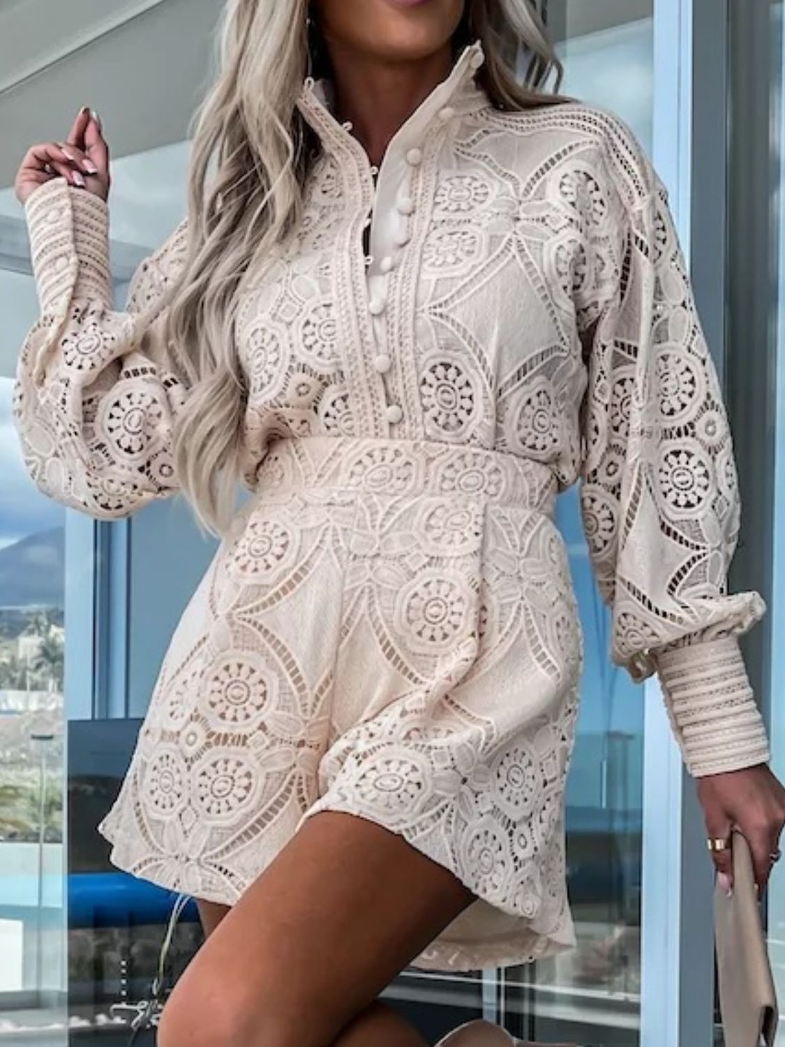 Lace Button Detail Long Sleeve Top and Shorts Set