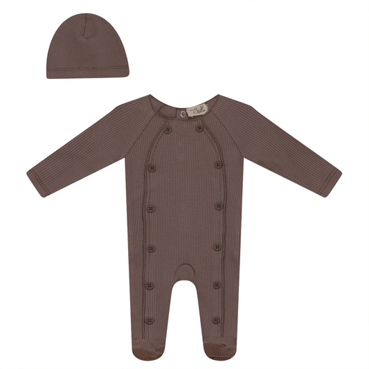 Ribbed Onesie With Fake Button Closure Light Brown