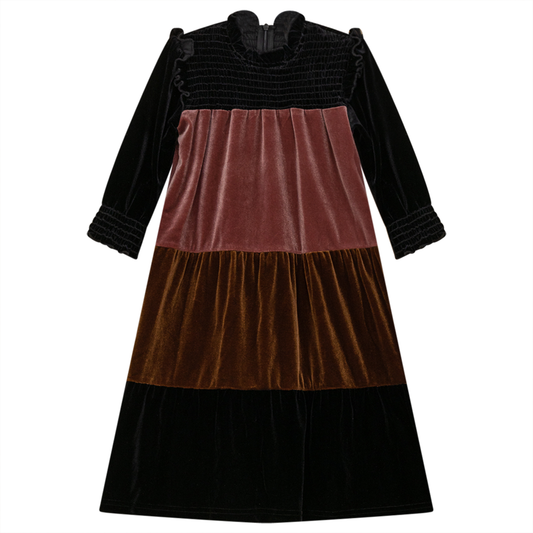 Multi Color Tiered Velour Dress BLACK PINK CAMEL BROWN