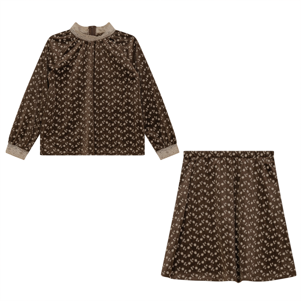 Embroidered Velvet 2pc Set Brown Print