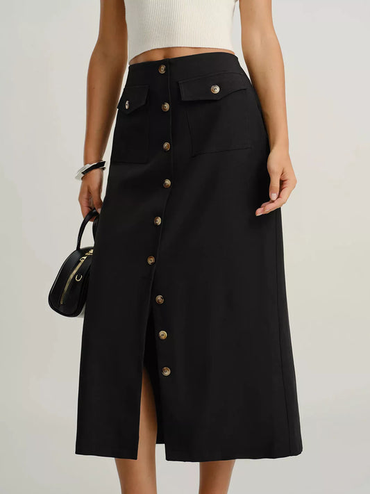 Button-Front Pocketed Midi Skirt Black