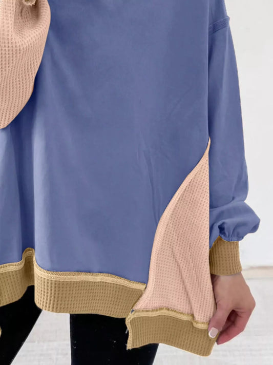 Color Block Waffle Knit Long Sleeve Sweatshirt