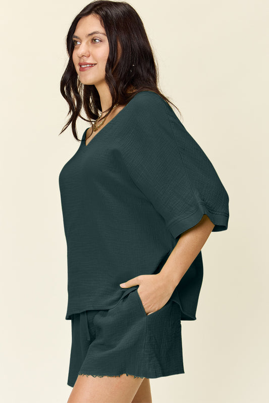 Textured Cotton T-Shirt and Drawstring Shorts Set