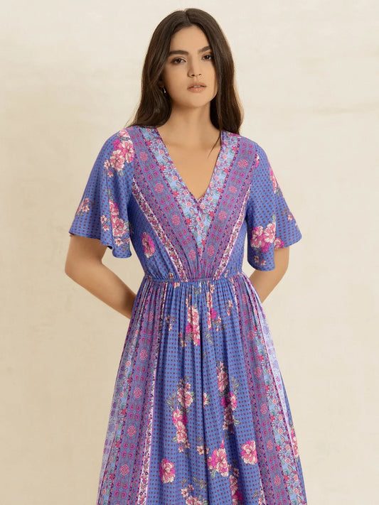 Printed Short Sleeve Midi Dress