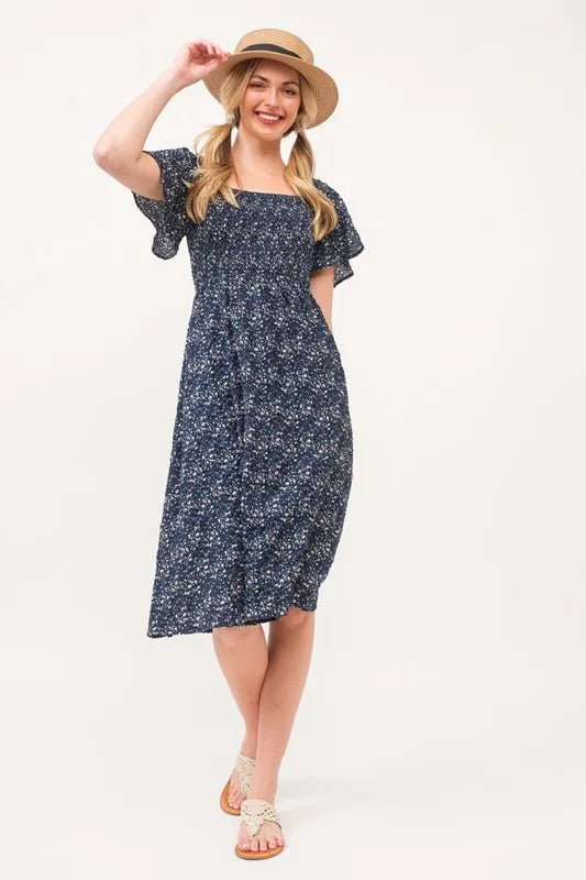 Lime 'N' Chili Smocked Floral Print Flutter Sleeve Midi Dress