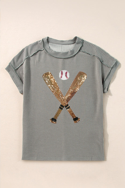 Sequin Baseball Shirt - Sequin Baseball Round Neck Short Sleeve T-Shirt