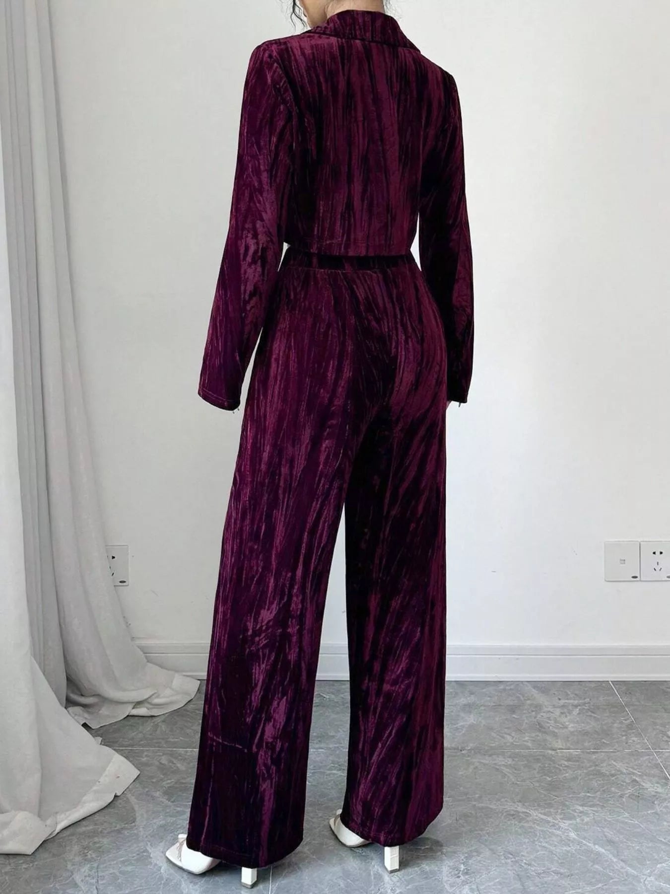Pleated Velvet Blazer & Wide Leg Pants Set
