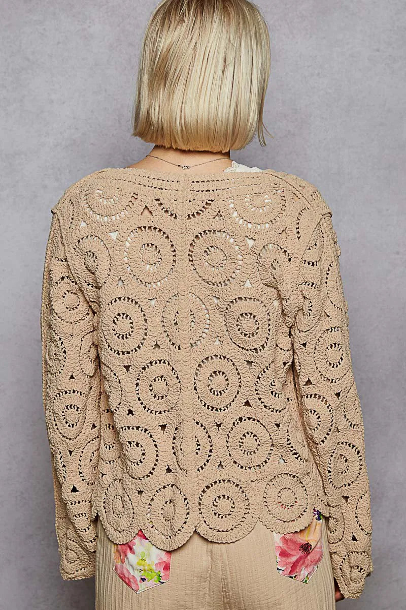 POL Button Down V-Neck Crochet Cardigan