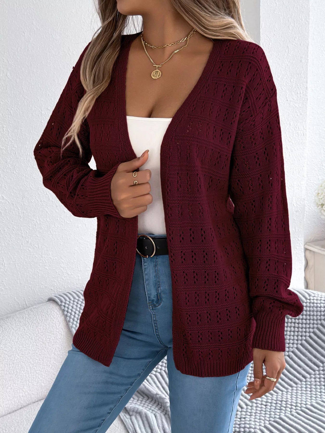 Open-Front Crochet Knit Cardigan