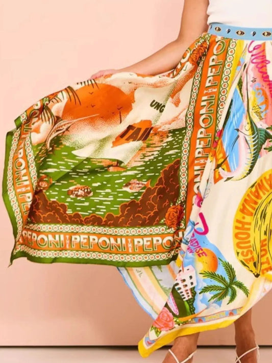 Printed Asymmetrical Hem Maxi Skirt