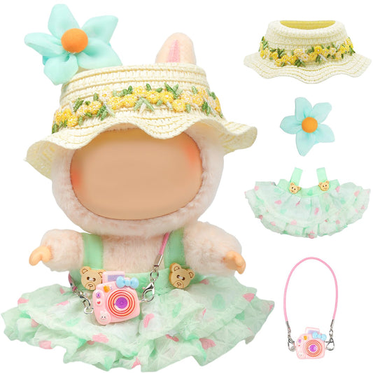4 Piece Doll Clothes Set for 15cm-17cm Dolls - Outfit with Overalls Hat & Bag Green Skirt + Hat + Flower + Bag