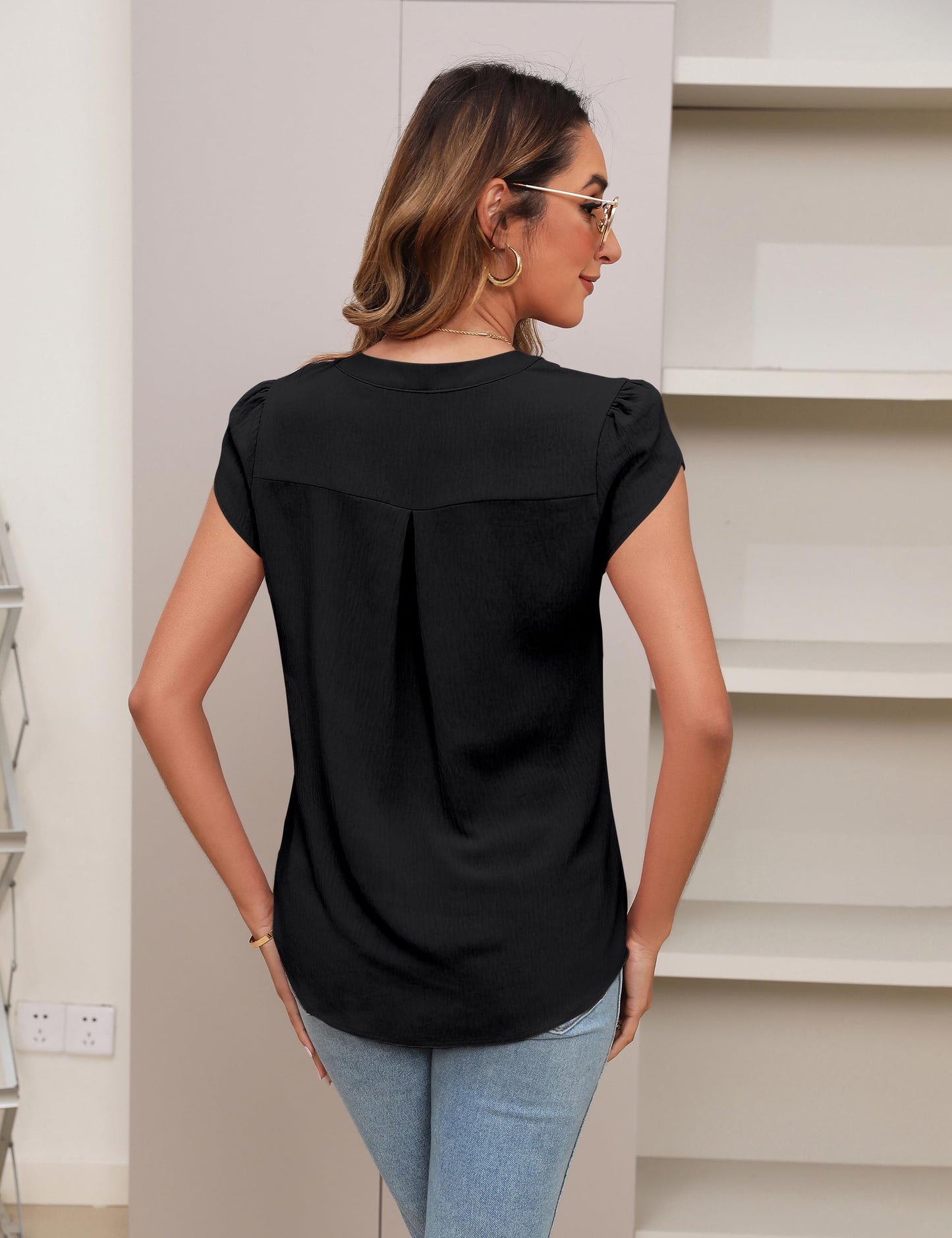 Beautiful Blouses For Ladies - Women's V-Neck Blouse with Pintuck Detail Short Petal Sleeve Business Top