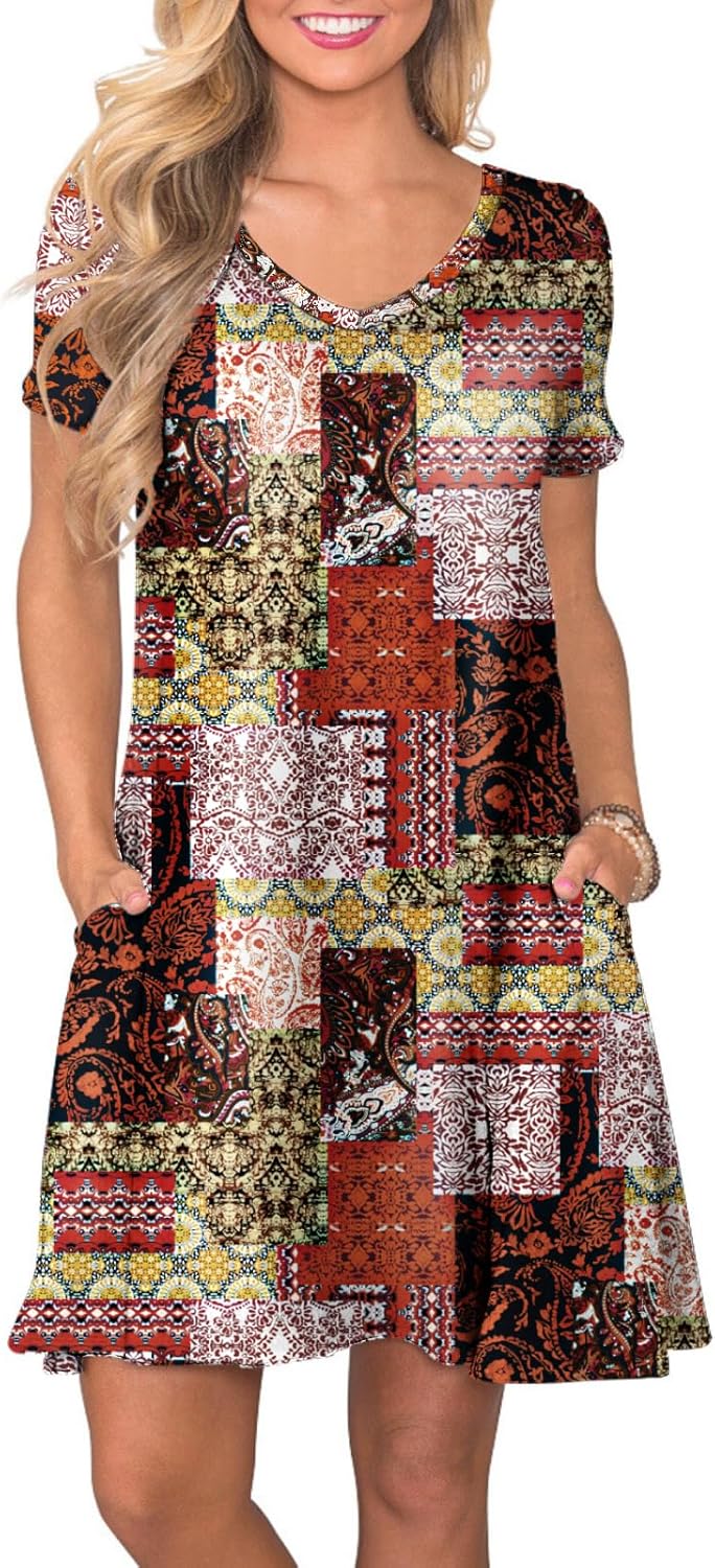 Women's Casual T-Shirt Dress Short Sleeve Summer Swing Dress with Pockets Color Mosaic