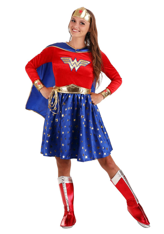 Wonder Woman Costume - Women's Long Sleeve Dress with Cape and Accessories