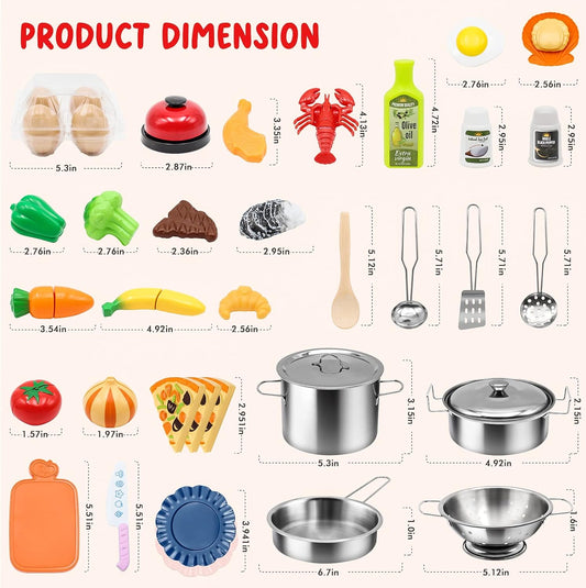 Kids Kitchen Playset - 38Pcs Stainless Steel Pots Pans Cooking Toys with Play Food Set