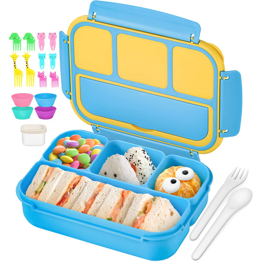 Bento Lunch Box for Kids - 4 Compartment Leak-Proof School Lunch Container with Utensils Purple Blue