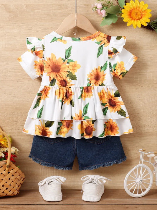 Children's Sunflower Ruffled Short Sleeve Top and Shorts Set