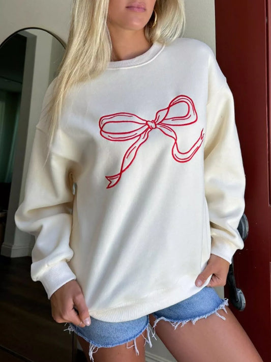 Bow Crew Neck Drop Shoulder Sweatshirt