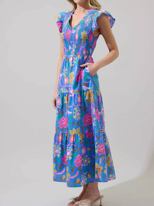 Ruffled V-Neck Tiered Midi Dress