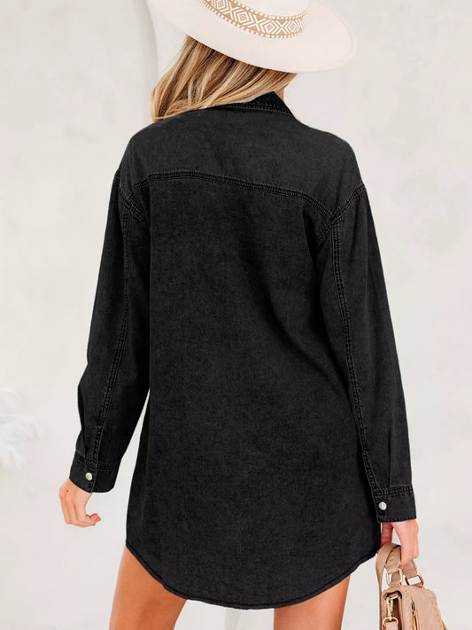 Chest Pocket Raw Hem Denim Loose Shirt Dress
