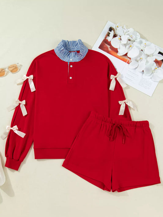 Striped Collar Patchwork Satin Bow Sweatshirt and Shorts Set