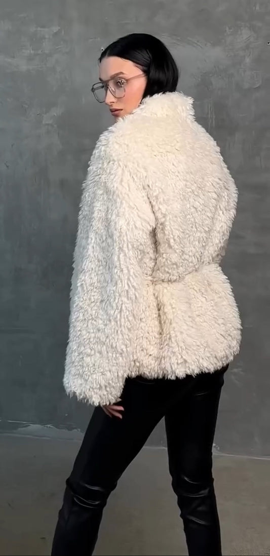 Faux Fur Coat with Leather Belt