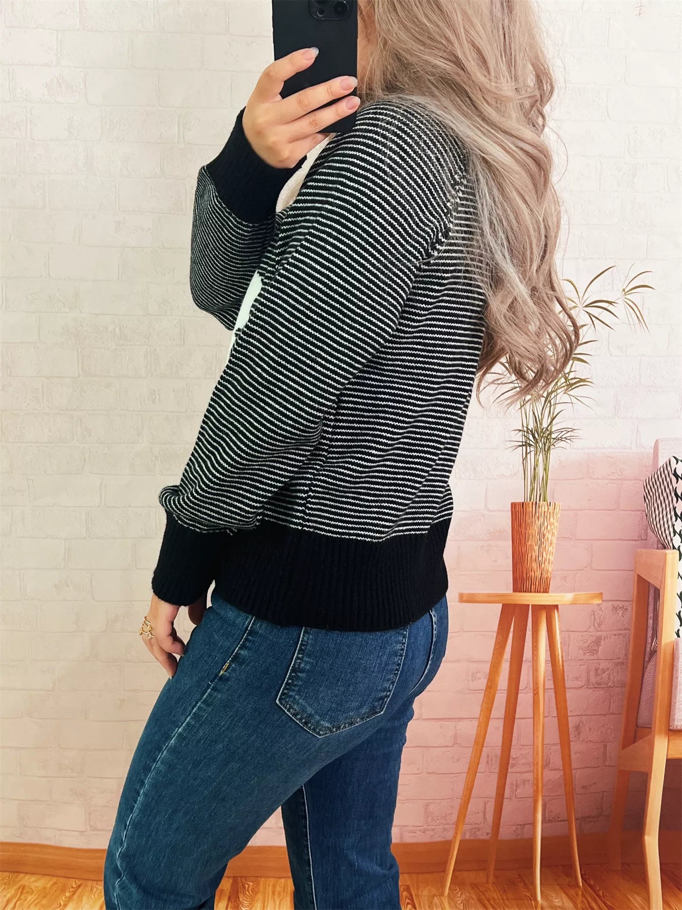 Striped Flower Raglan Sleeve Sweater