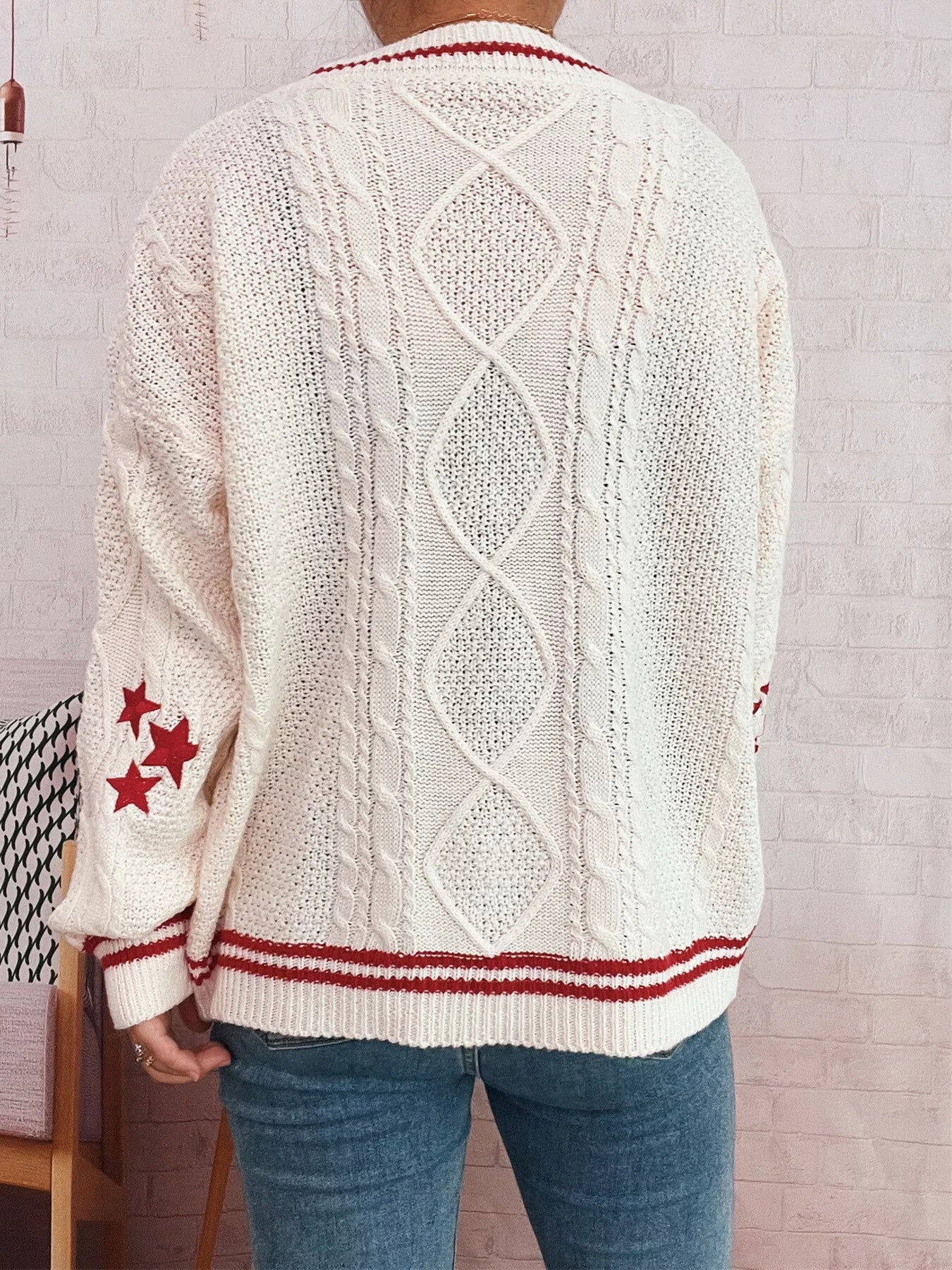 Star Pattern Button-Up Cardigan with Contrast Trim