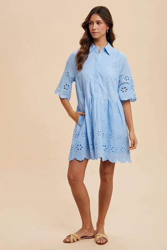 Annie Wear Embroidered Scallop Edge Detail Mini Shirt Dress