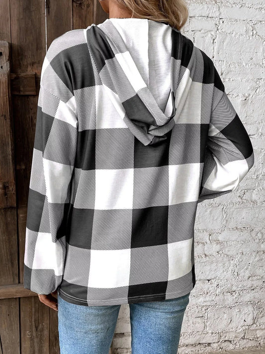 Casual Plaid Button Detail Hoodie