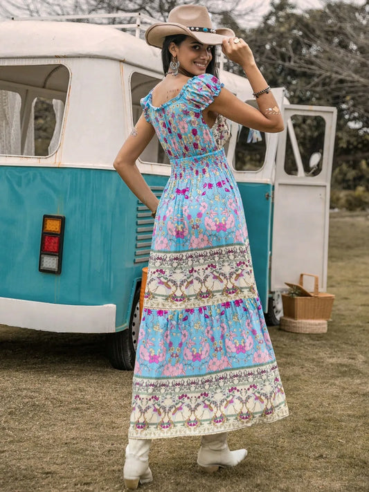 Frill Printed Cap Sleeve Dress