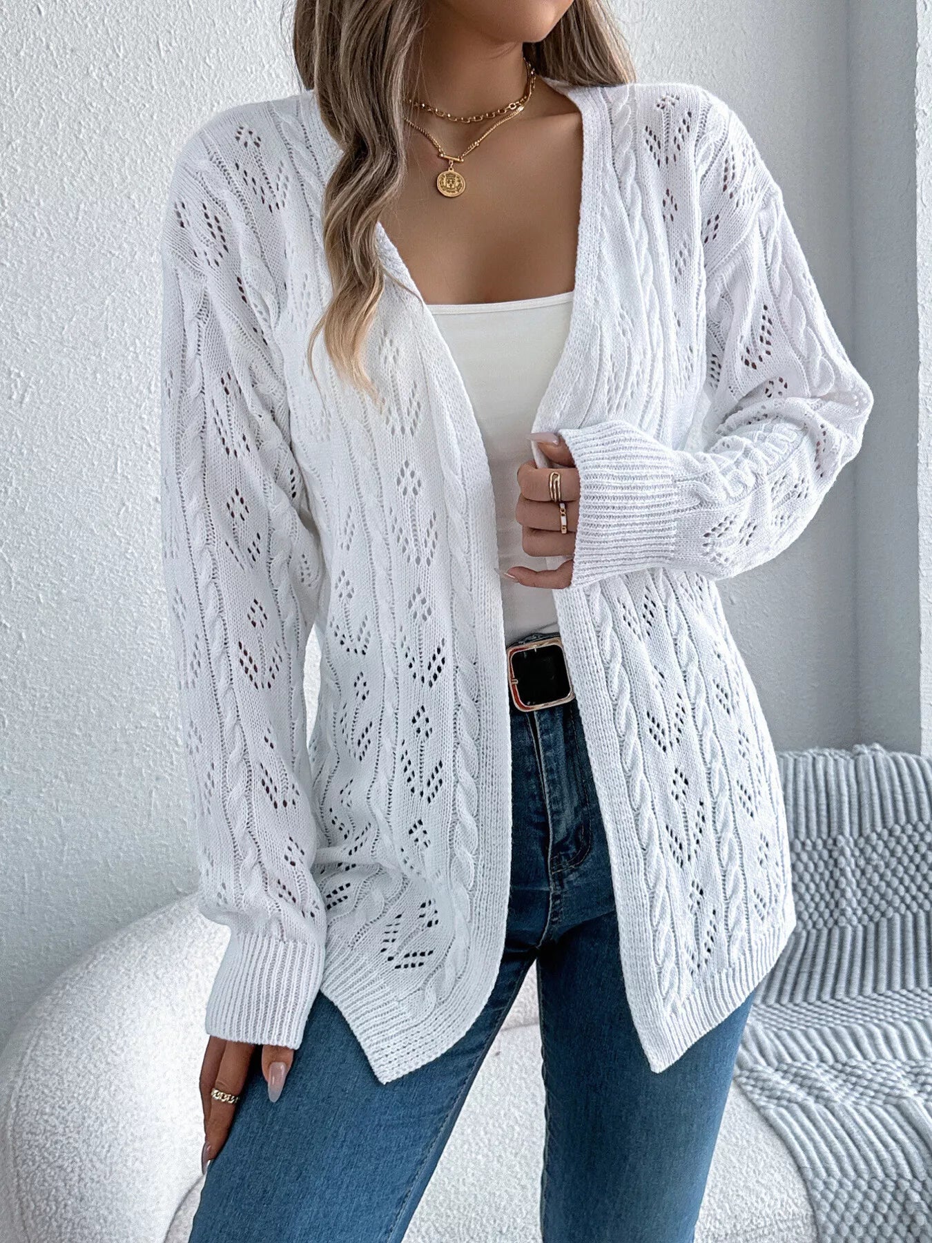 Openwork Open Front Long Sleeve Cardigan
