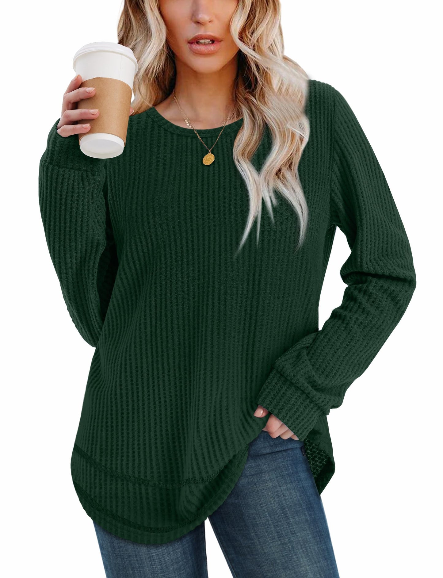 Women's Tunic Tops - Loose Fit Waffle Knit Long Sleeve Crewneck Sweaters