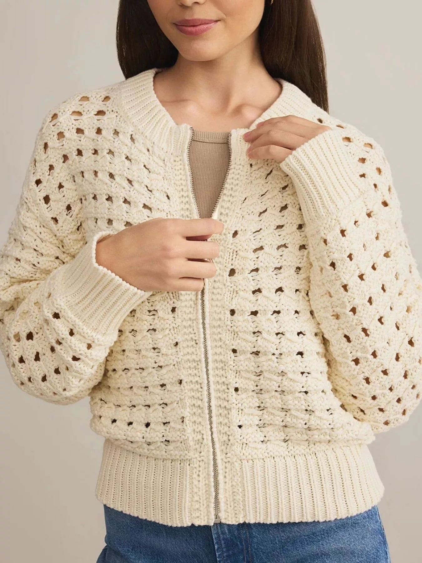 Openwork Zip-Up Cardigan